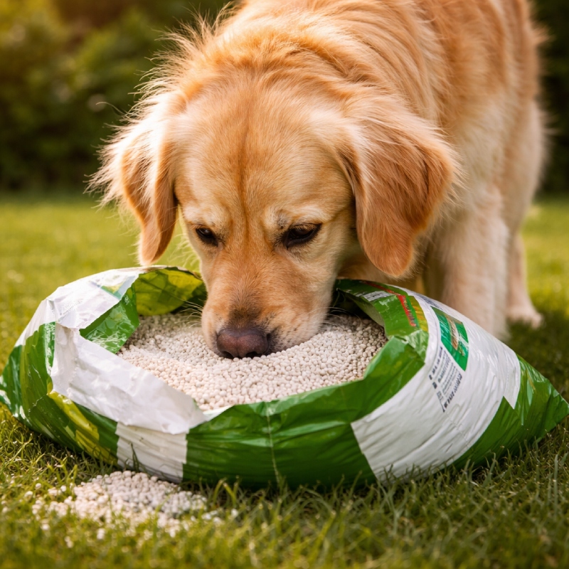 Dog near fertilizer